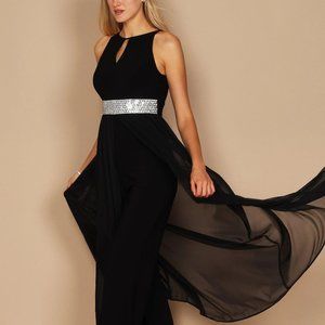 NAVY JUMPSUIT DRESS - R & M Richards Gorgeous Rhinestone Belt and Sheer Dress